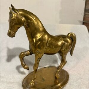 Vintage Brass Horse Statue, Oval Pedestal Figurine